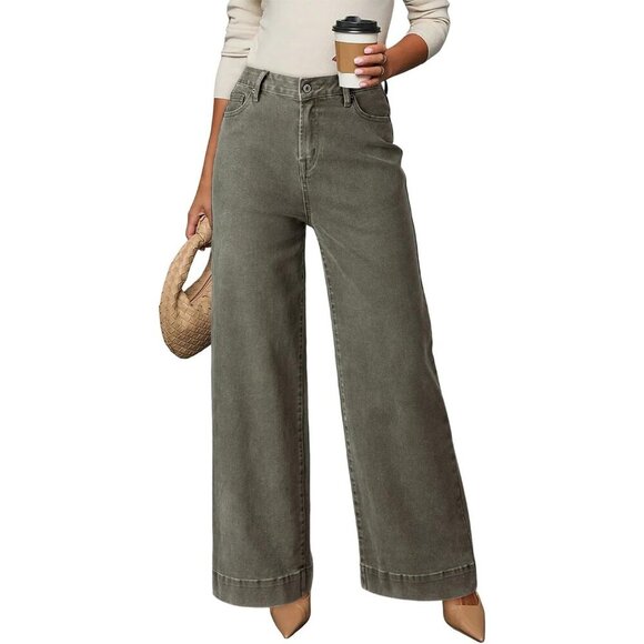 Pants - Women's Guacamole Casual High Waisted Stretch Button Wide Leg Loose Denim Jeans